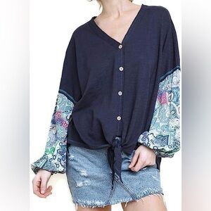 Umgee Women's Button Up V-Neck Knotted Top with Paisley Puff Sleeves L